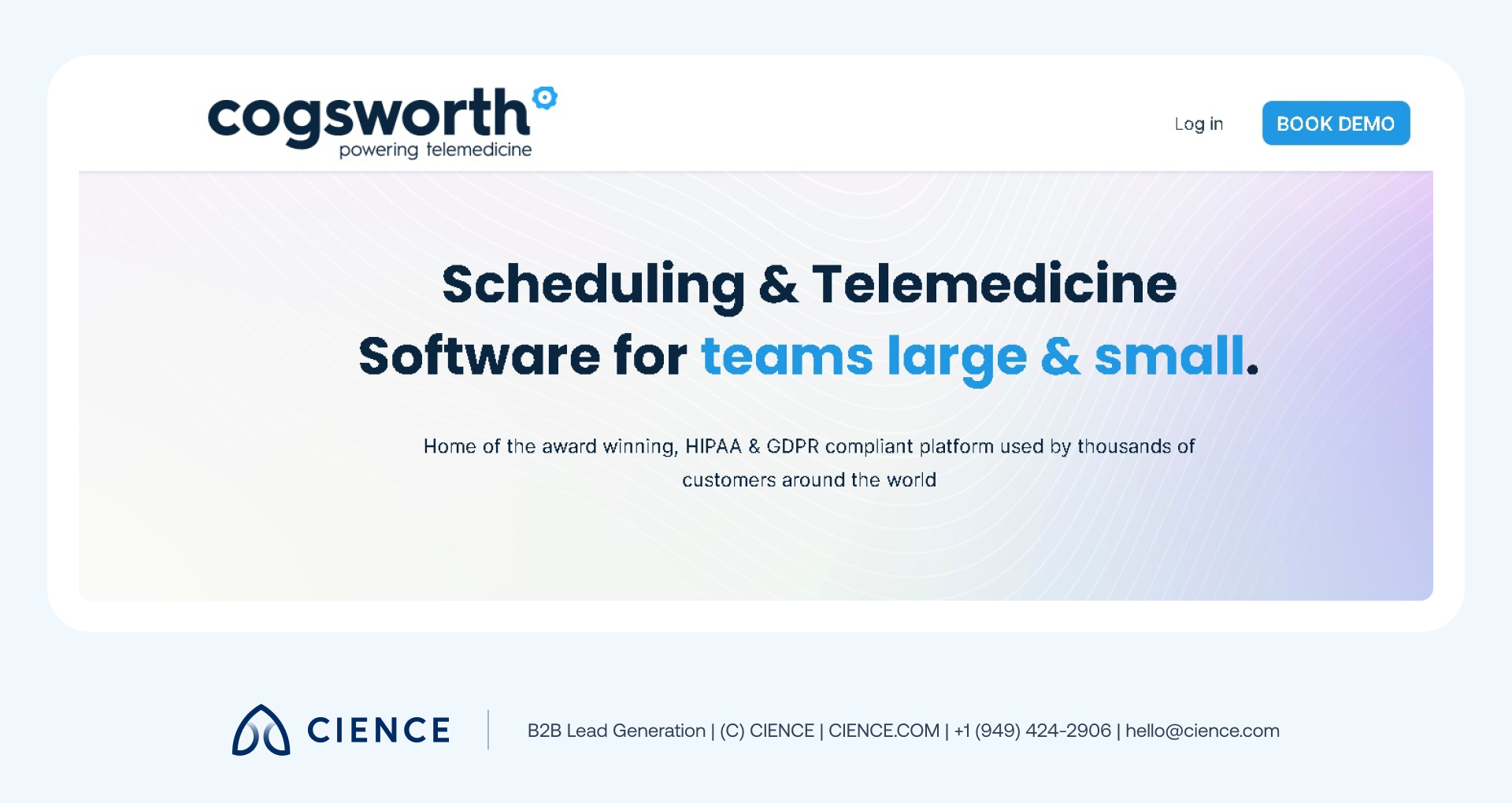 Cogsworth complex scheduling tool showing customizable booking forms, automatic time zone detection, and appointment trend analytics